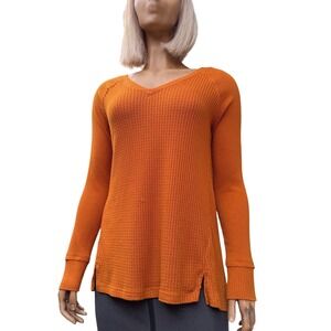 Anthropologie Waffle Knit Top Burnt Orange Longline Vneck Side Slit Grunge M